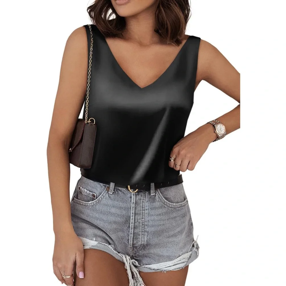 Black Tank Top V Neck Silk Summer Satin Sleeveless Blouses Basic Camisole Shirt